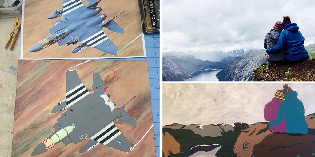 An airplane and hikers tape painting