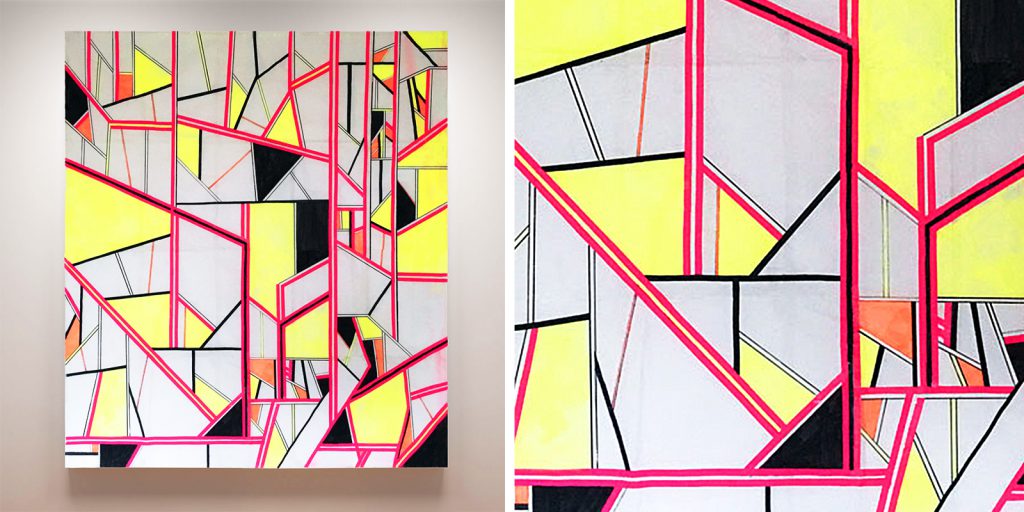 Artist Mona Wishkahi's first tape art piece hanging in her home in London