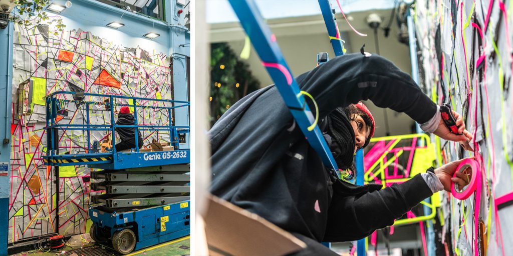 Artist MonmonTapeart installing her artwork at Brixton Market. Photos by Nic Crilly-Hargrave.