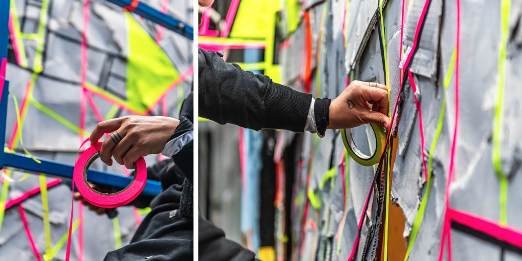 Close ups of artist MonmonTapeart installing her artwork at Brixton Market. Photos by Nic Crilly-Hargrave.