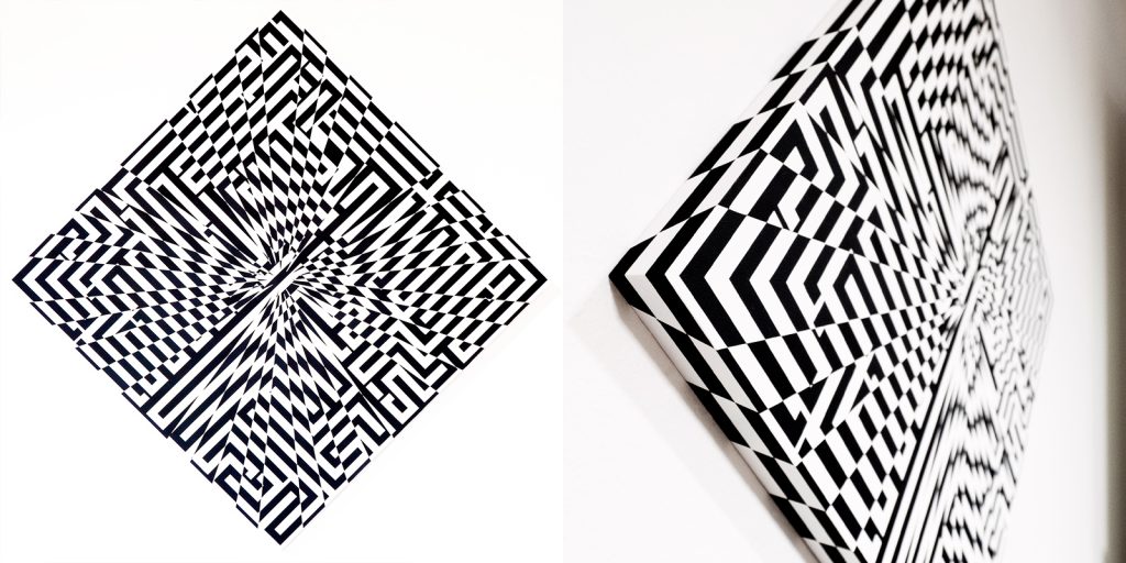 Flekz aimed to create a more simple tape art piece on canvas. Black and white tape is cut and layered to create an oscillating visual effect.