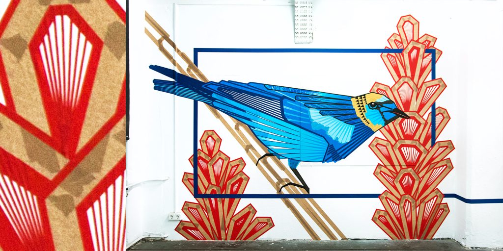 Indoor tape art mural featuring a blue bird - 01