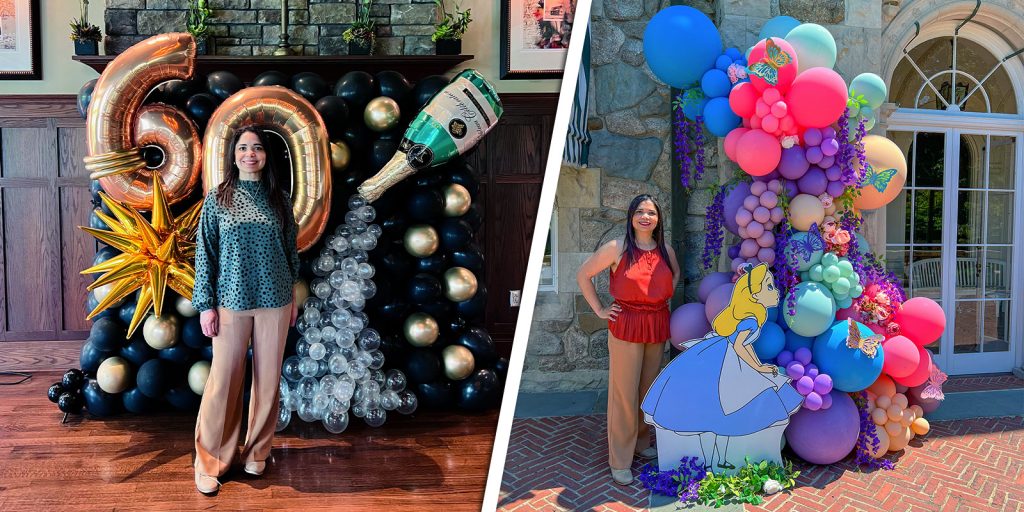 A colorful display by Jexsy Balloons. Left side features vibrant balloons perfect for a 60th birthday celebration, while the right showcases a whimsical Alice in Wonderland theme.