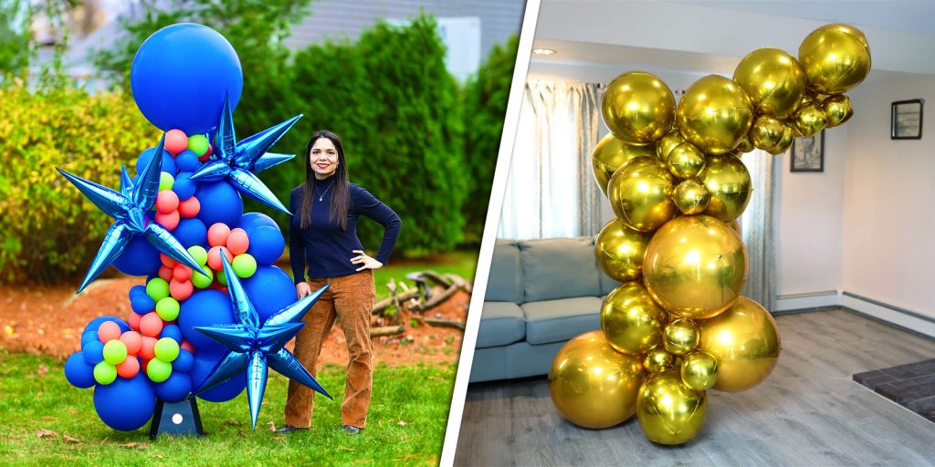 A collection of Jexsy Balloon's unique demi-garlands. Left side features a whimsical design with blue, green, pink, and balloon star accents. Right side showcases a sophisticated gold demi-garland.