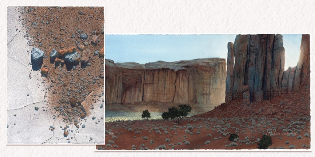 Watercolor paintings by Lynn McLain. On the left is "Road Chatter 74," 30" x 21". On the right is "Monument Surprise," 16" x 30".