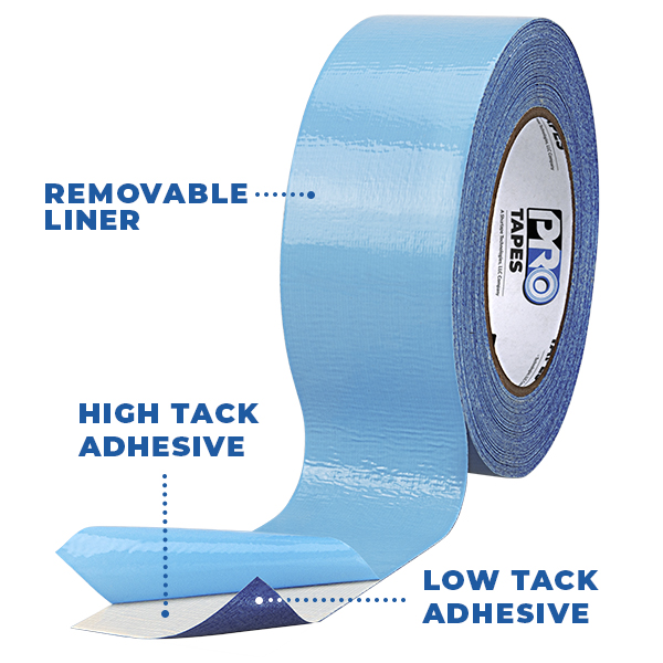 Dual-Tack features a removeable blue liner, and double-sided adhesive with high-tack one side and a low-tack on the other.