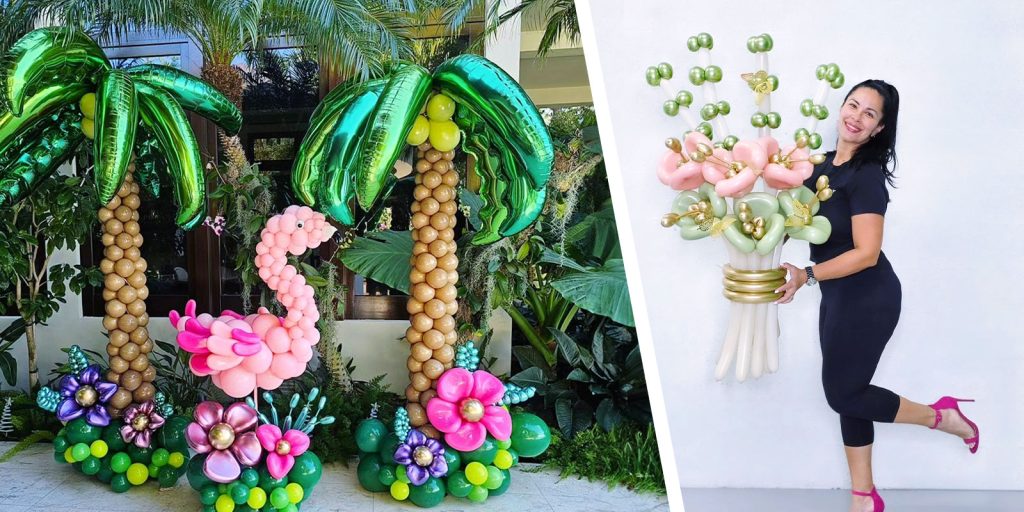 Noeli Remiro's balloon creations; both a tropical themed landscape including palm trees and a flamingo, as well as a floral bouquet. 