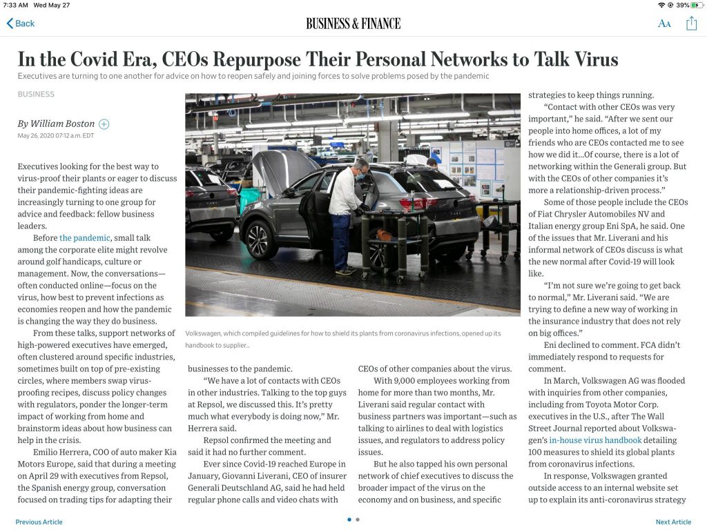 Wall Street Journal article on Business Leaders leaning on personal networks for advice on safely re-opening businesses in the Covid Era