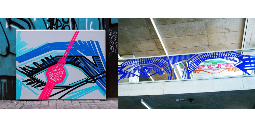 Two eye themed tape art murals outdoors and on a glass railing