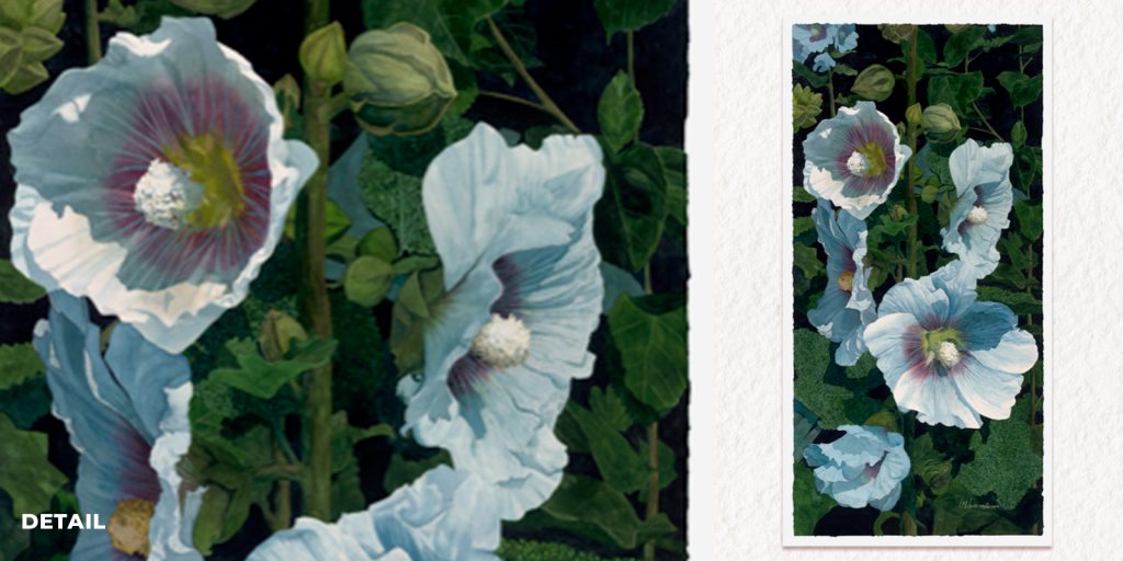 "Majestic Hollyhocks," watercolor painting, 53" x 26". Detail shown on left.