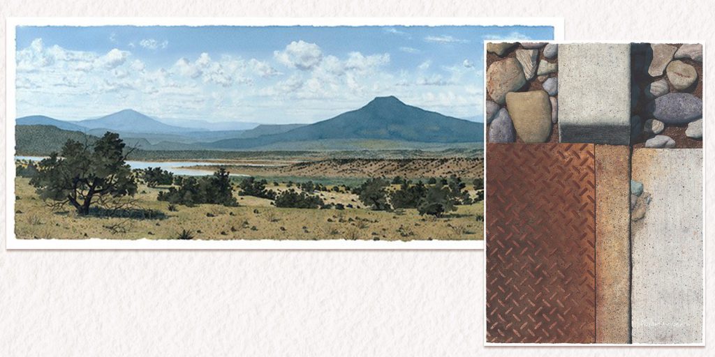 Left: "Cerro Pedernal," watercolor painting, 19" x 48". Right: "Road Chatter 75," watercolor painting, 30" x 21".