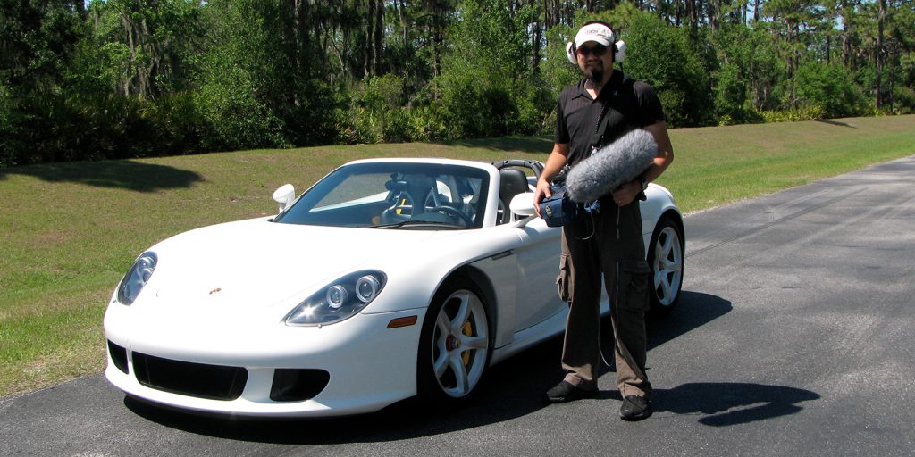 Watson Wu ready to record sound from a Porsche Carerra GT for Transformers