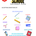 Items collected for donation included various school supplies such as notebooks, folders, pencils, and water bottles.