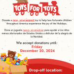 Our annual Toys for Tots drive accept donations of toys, books, and games.